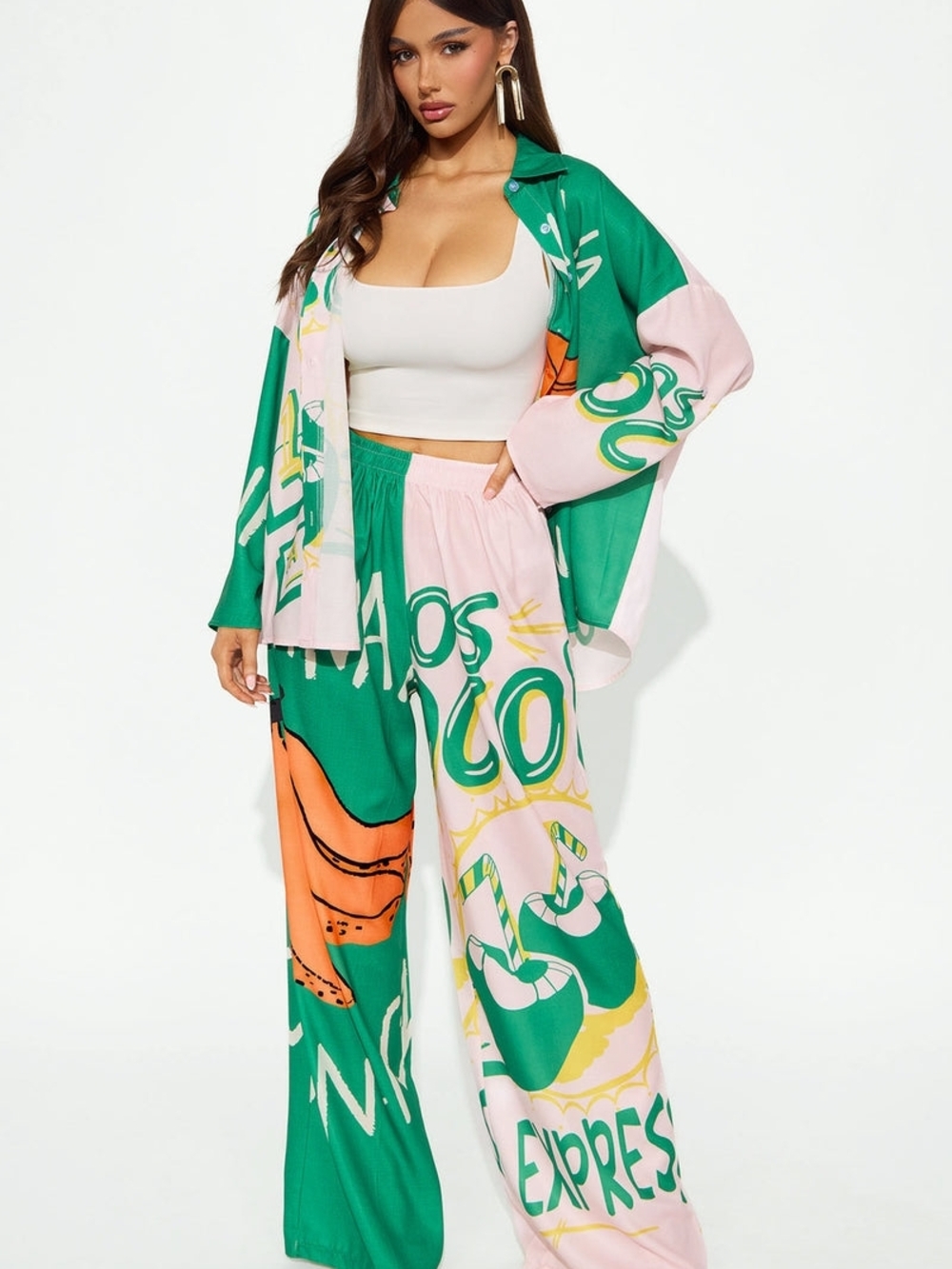 Fashion Nova Green, Pink & Orange Wide-Leg Graphic Pants